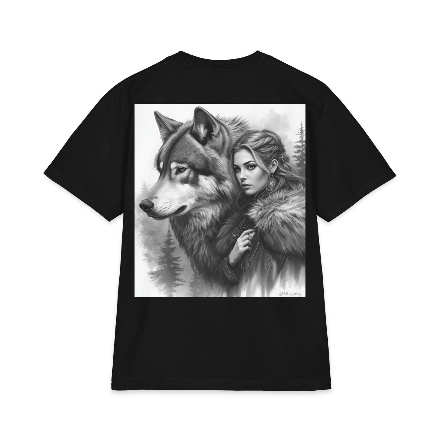 Wolf Guardian T‑Shirt — Woman & Wolf Forest Portrait Graphic Tee