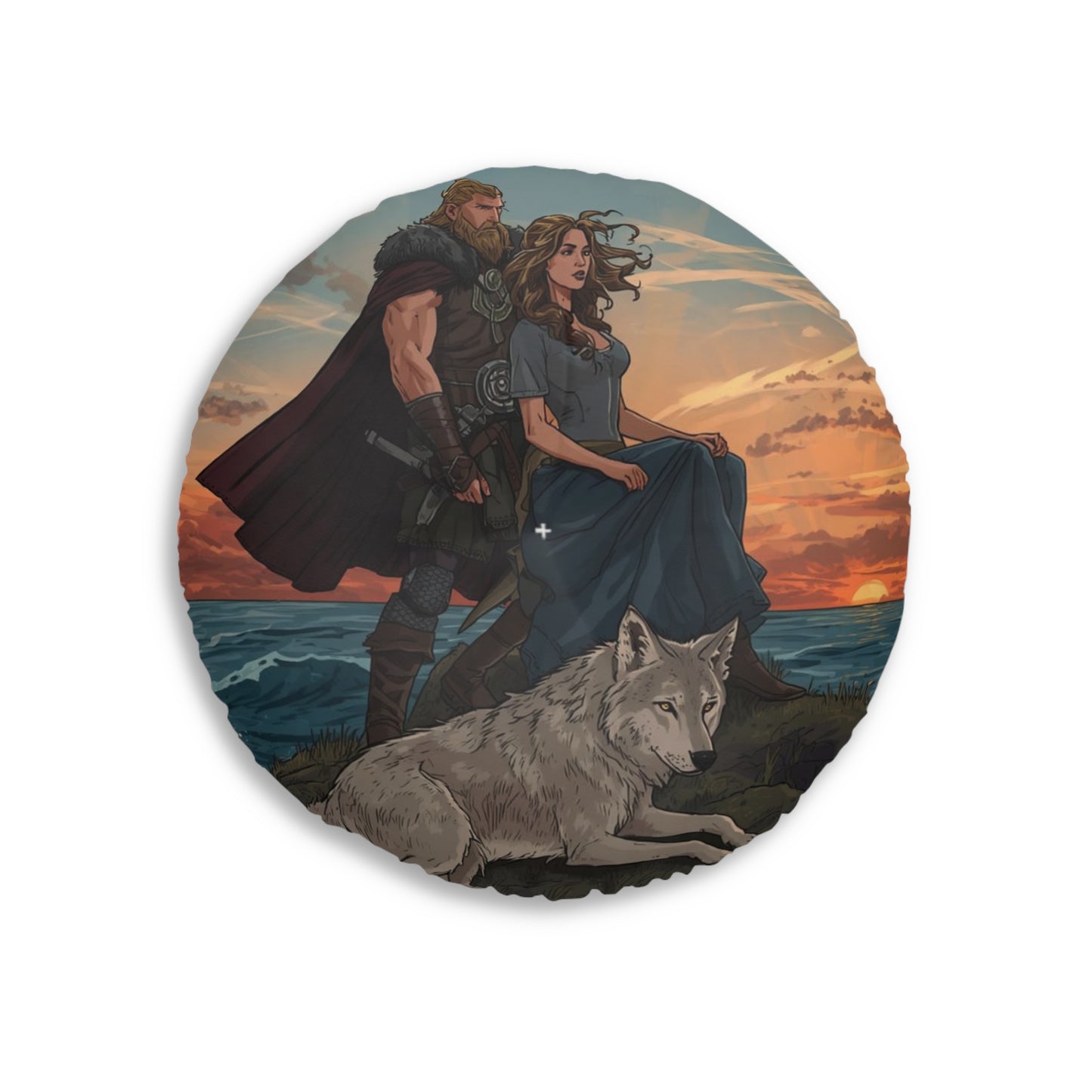 Viking Wolf Guardian Round Floor Pillow — Fantasy Norse Heroine & Wolf Artwork