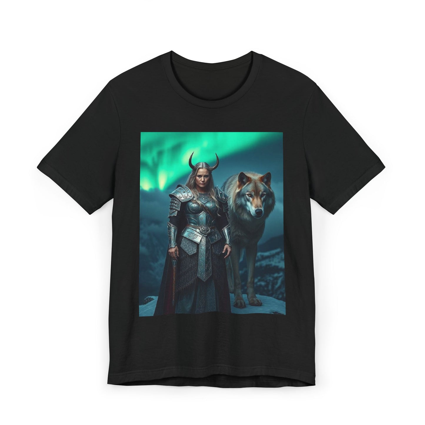 Viking Shieldmaiden & Wolf T-Shirt — Norse Fantasy Armor Tee