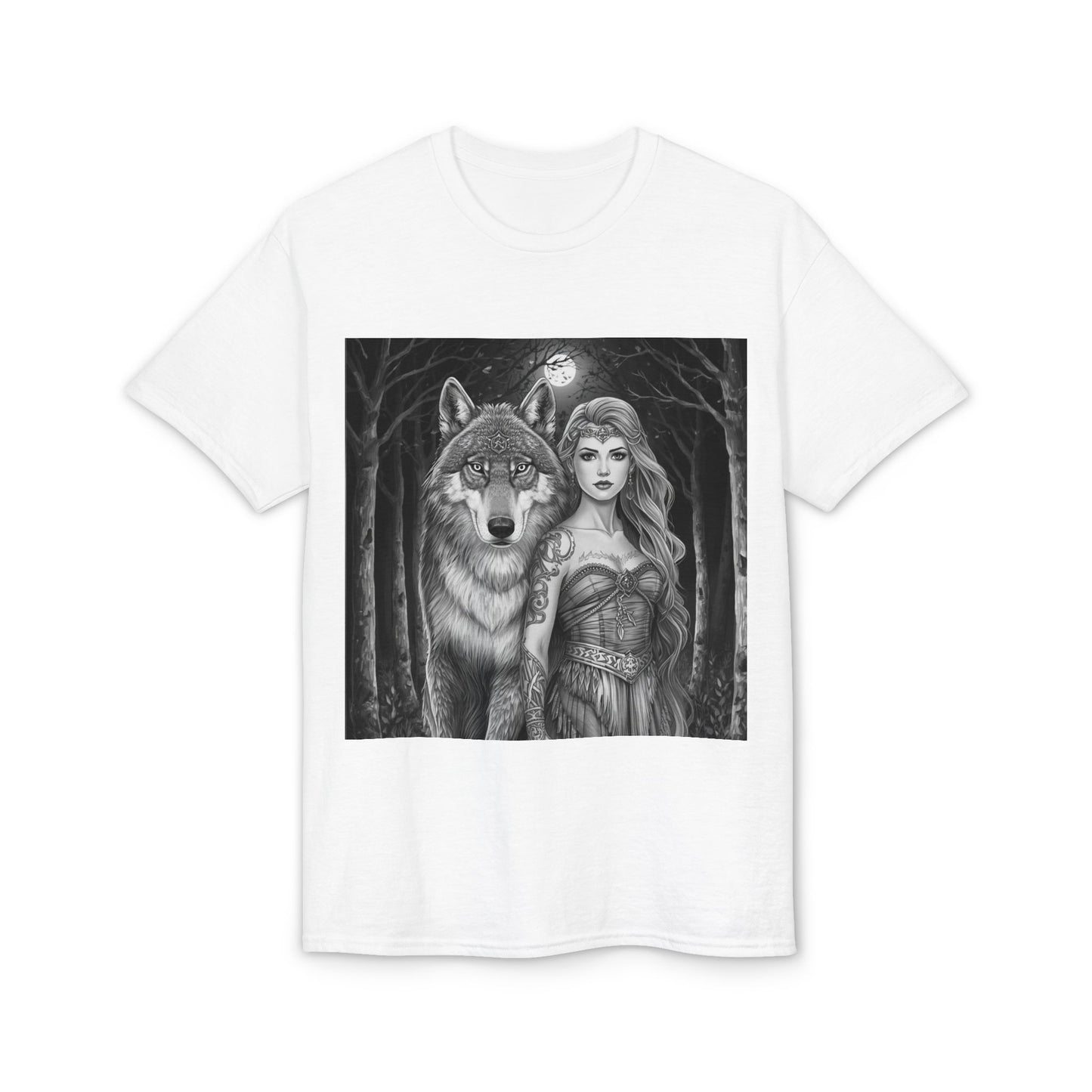 Wolf Guardian T‑Shirt — Mystic Woman & Wolf Moon Graphic Tee