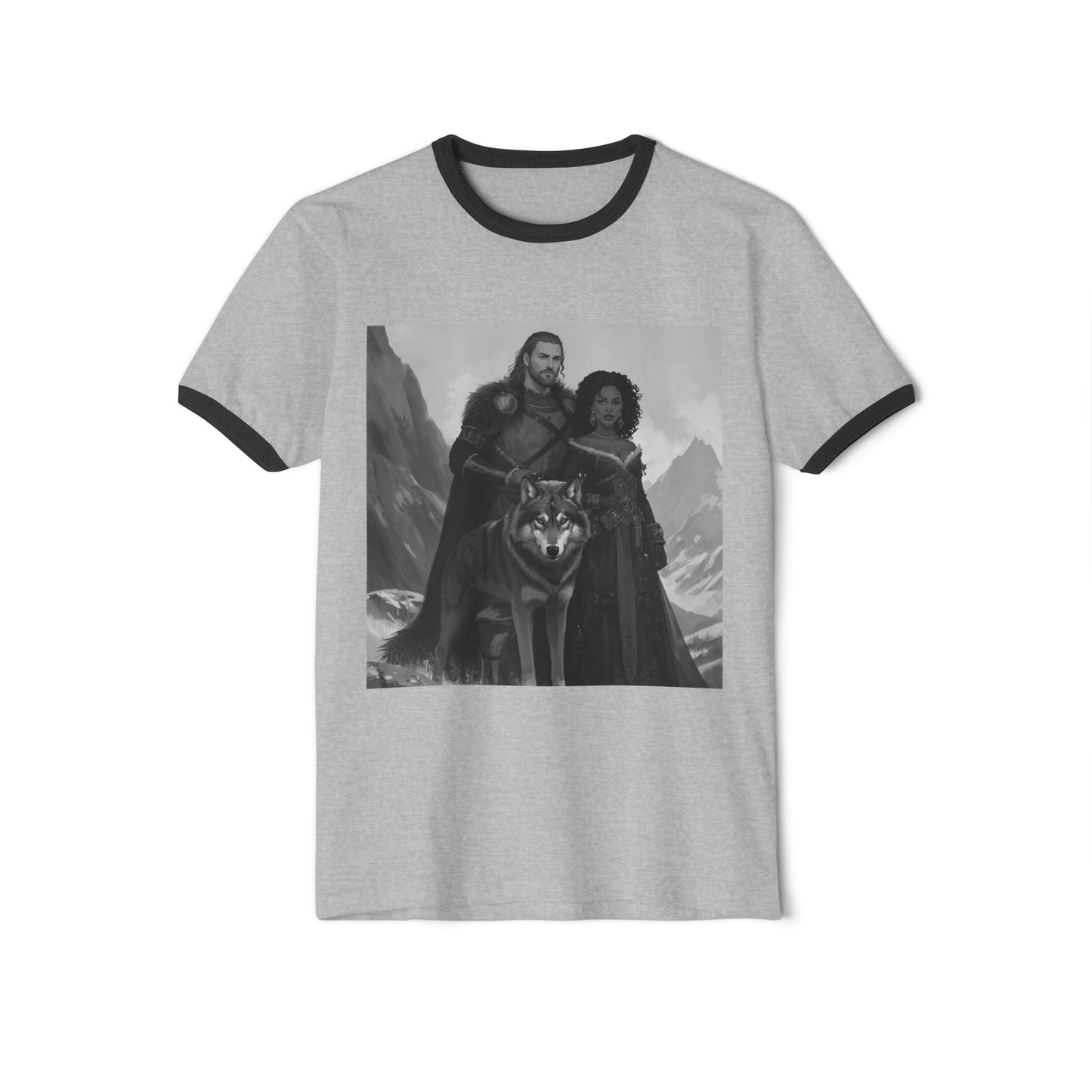 Medieval Fantasy Couple & Wolf Ringer T-Shirt — Adventure Vibe Tee