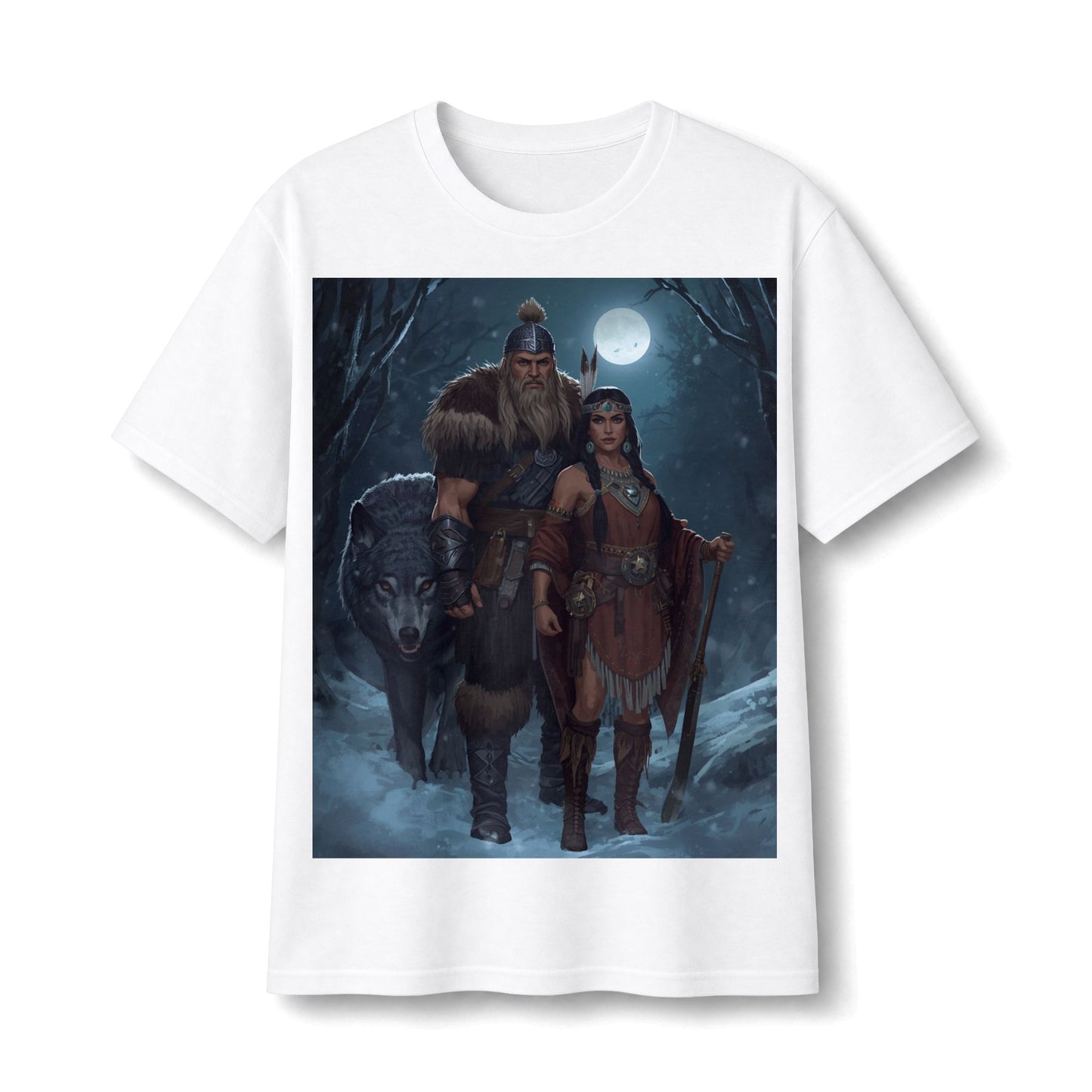 Viking Warrior Couple Tee — Norse Wolf Moon Fantasy T‑Shirt