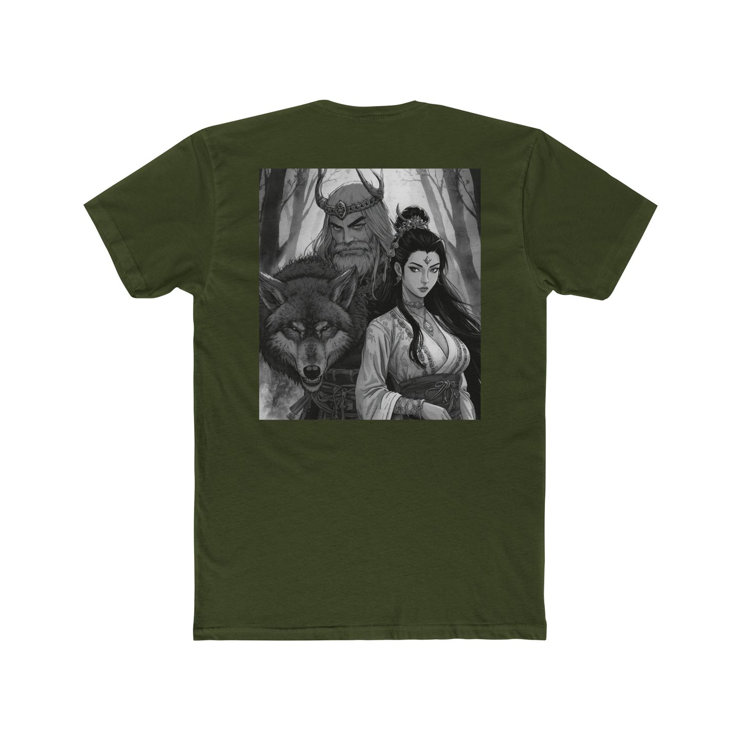 Mythic Forest Tee — Valkyrie, Wolf & Horned Guardian Graphic T-Shirt