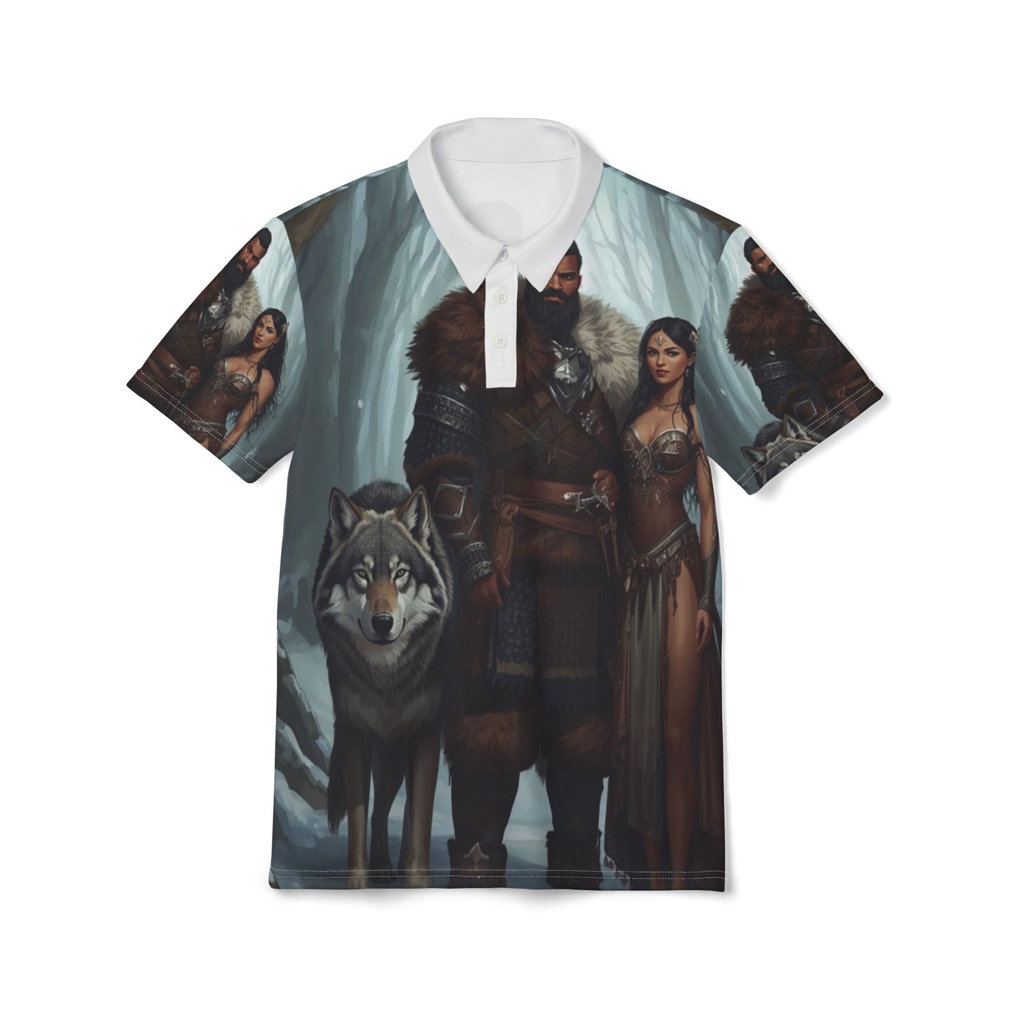 Viking Warriors & Wolf Polo Shirt — Norse Mythic All-Over Print