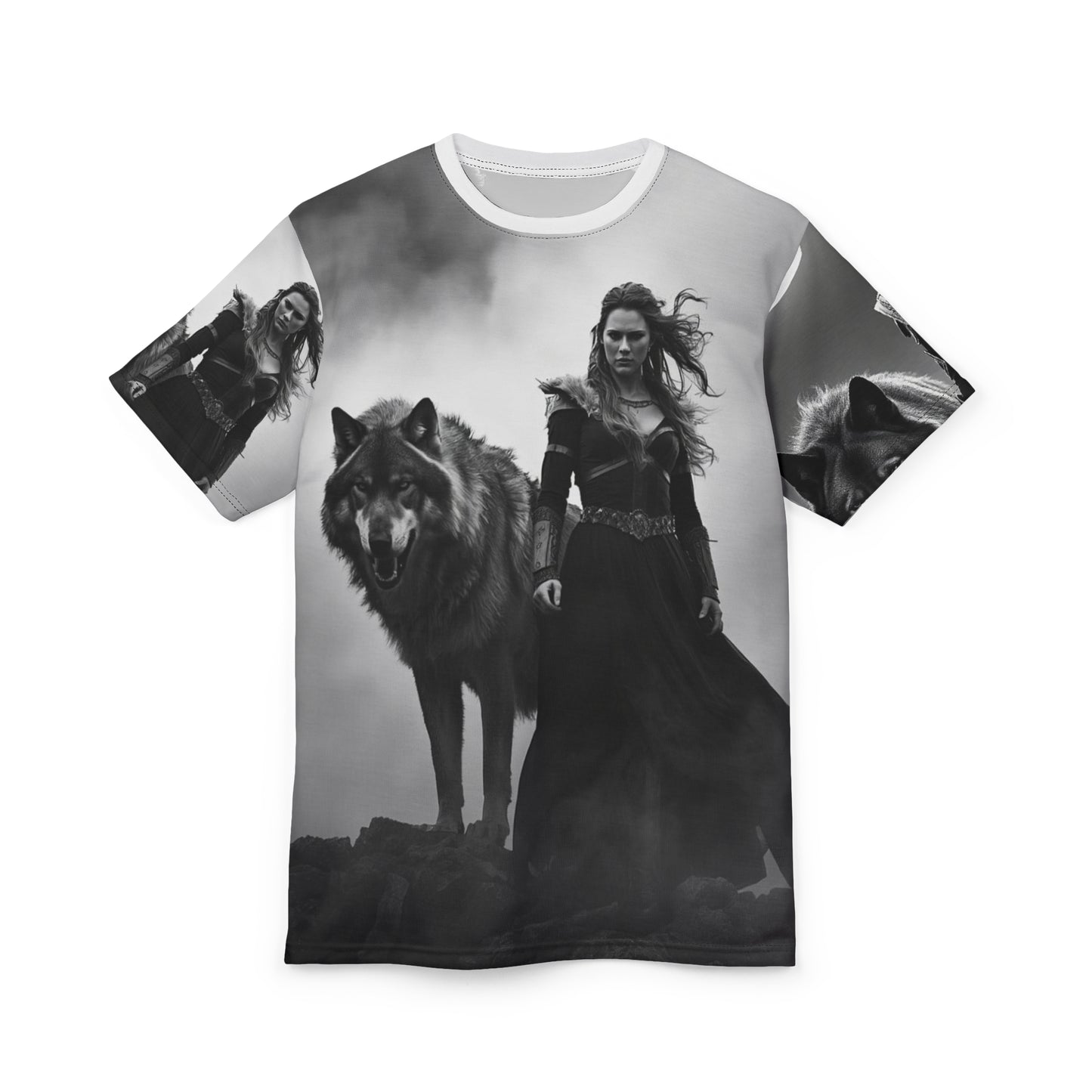 Viking Wolf Guardian Tee — Black & White Norse Warrior All-Over Print