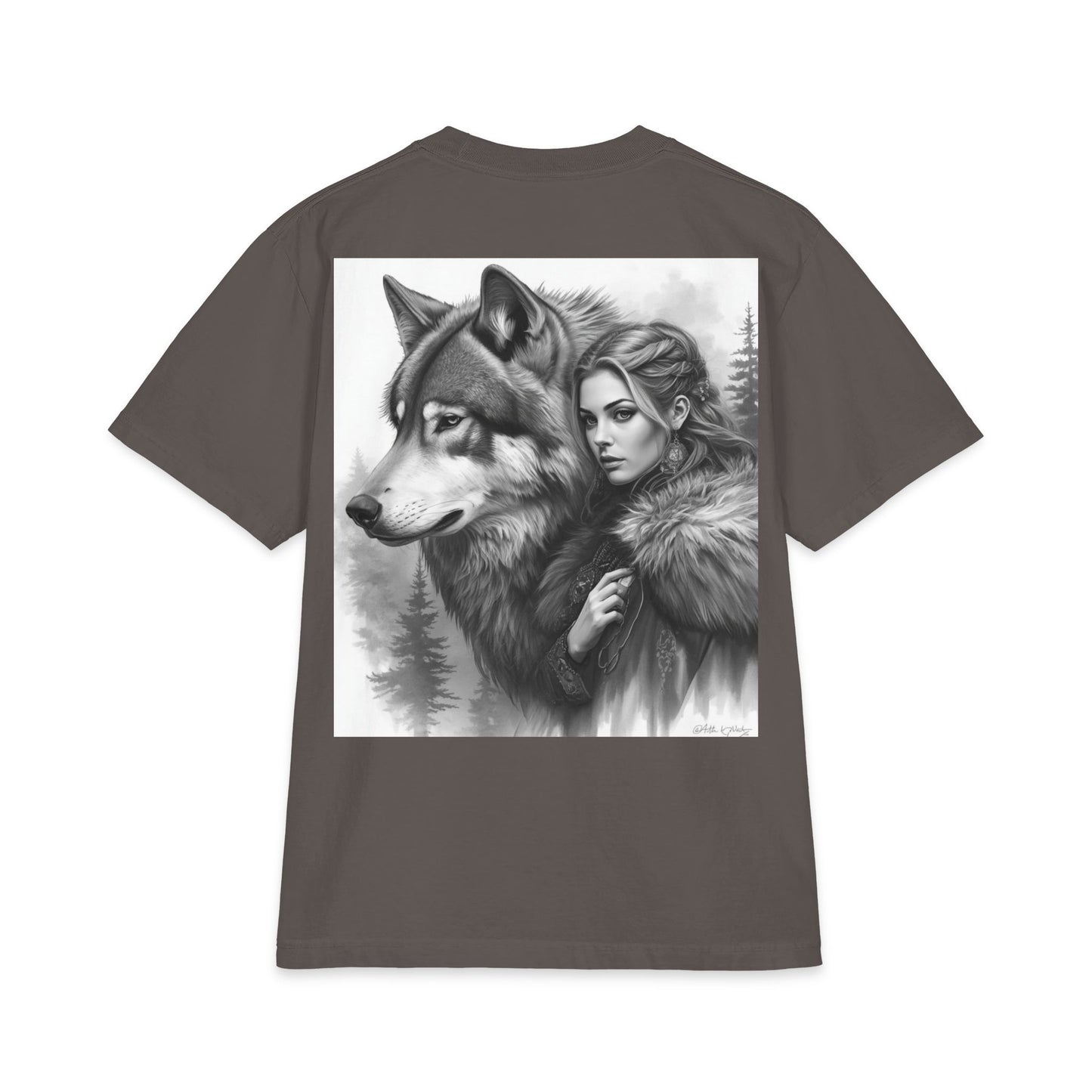 Wolf Guardian T‑Shirt — Woman & Wolf Forest Portrait Graphic Tee