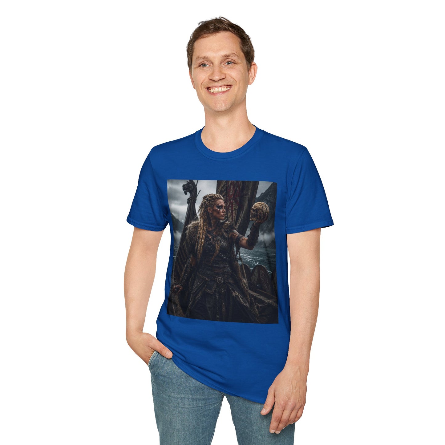 Viking Shieldmaiden Graphic T‑Shirt — Woman Holding Skull Norse Warrior Art