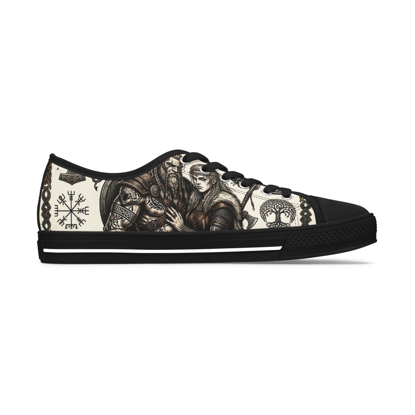 Viking Warrior Pattern Low Top Sneakers — Norse Rune & Tree of Life Design