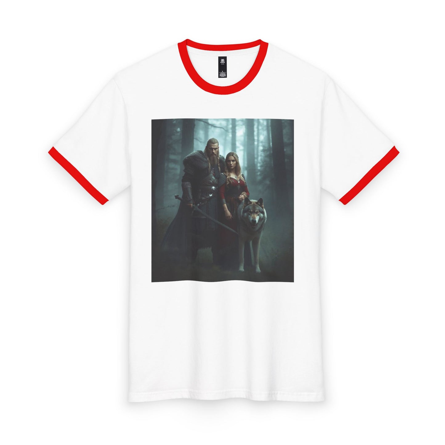 Viking Couple & Wolf Ringer Tee — Norse Warrior Fantasy T‑Shirt