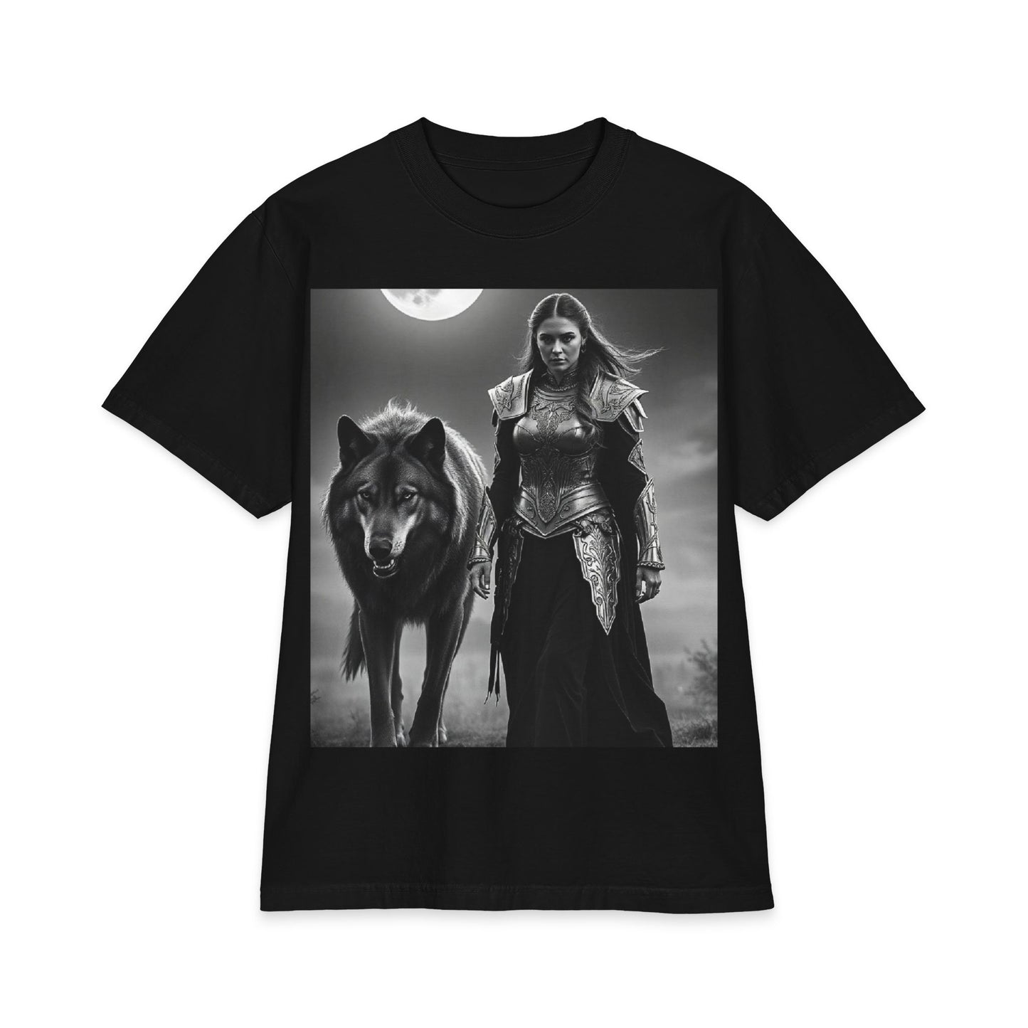 Warrior Woman & Wolf Graphic Tee — Gothic Moon Fantasy T-Shirt