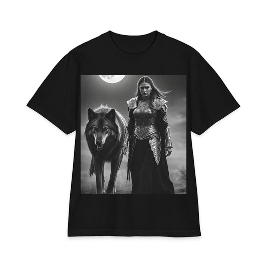 Warrior Woman & Wolf Graphic Tee — Gothic Moon Fantasy T-Shirt