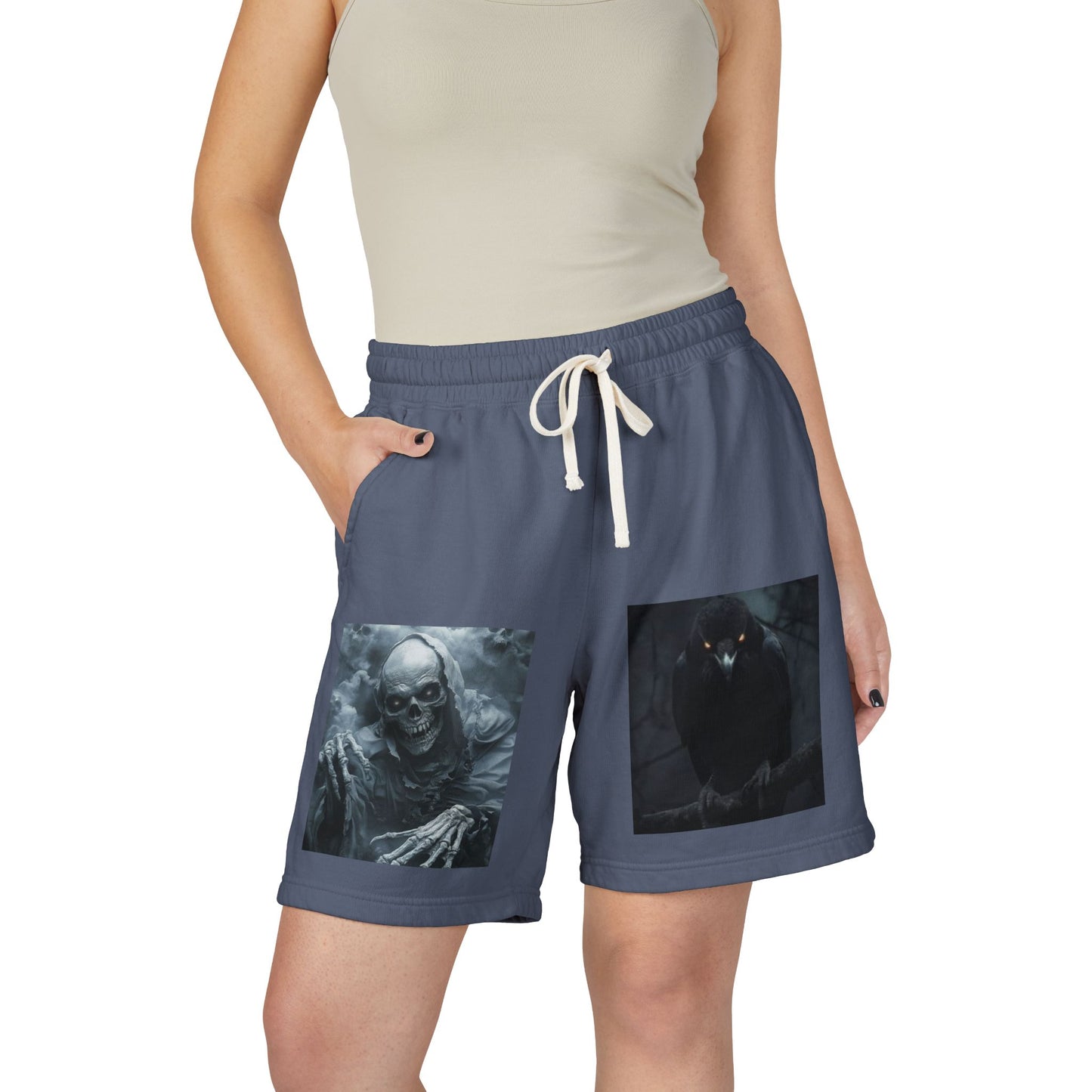 Skull & Raven Fleece Sweat Shorts — Gothic Horror Graphic Lounge Shorts