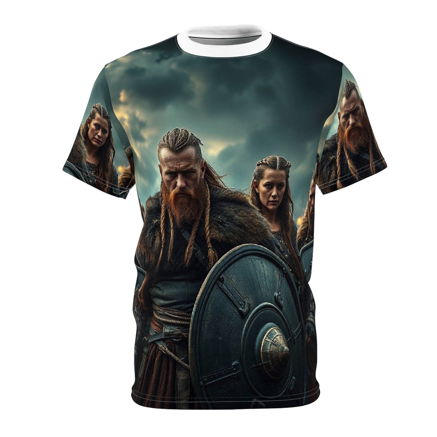 Viking Warriors All-Over Print Tee — Norse Shield & Storm Scene