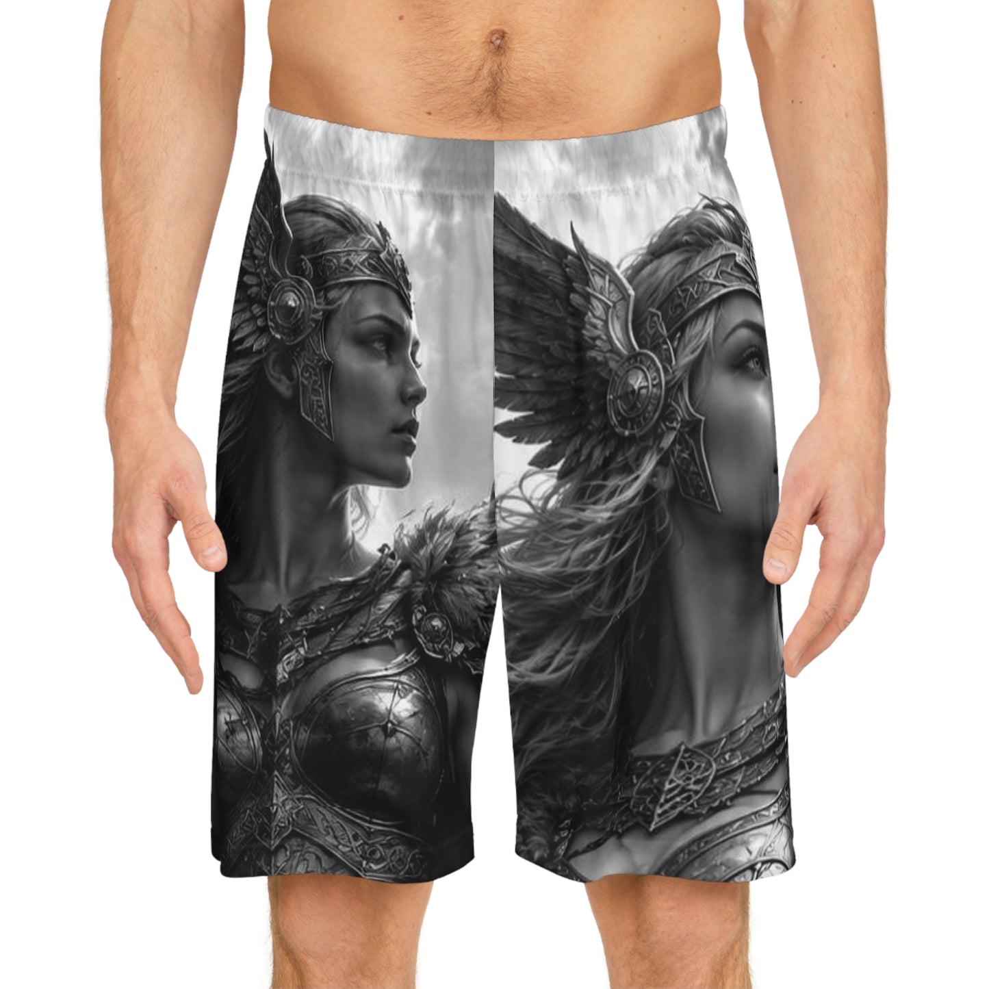 Valkyrie Warrior Basketball Shorts — Mythic Norse Winged Shield AOP