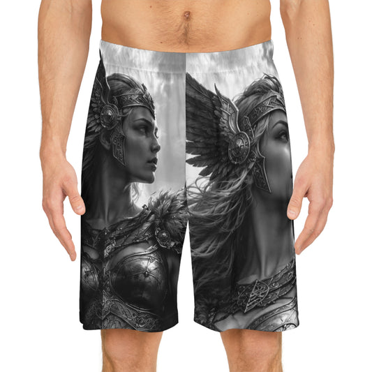 Valkyrie Warrior Basketball Shorts — Mythic Norse Winged Shield AOP