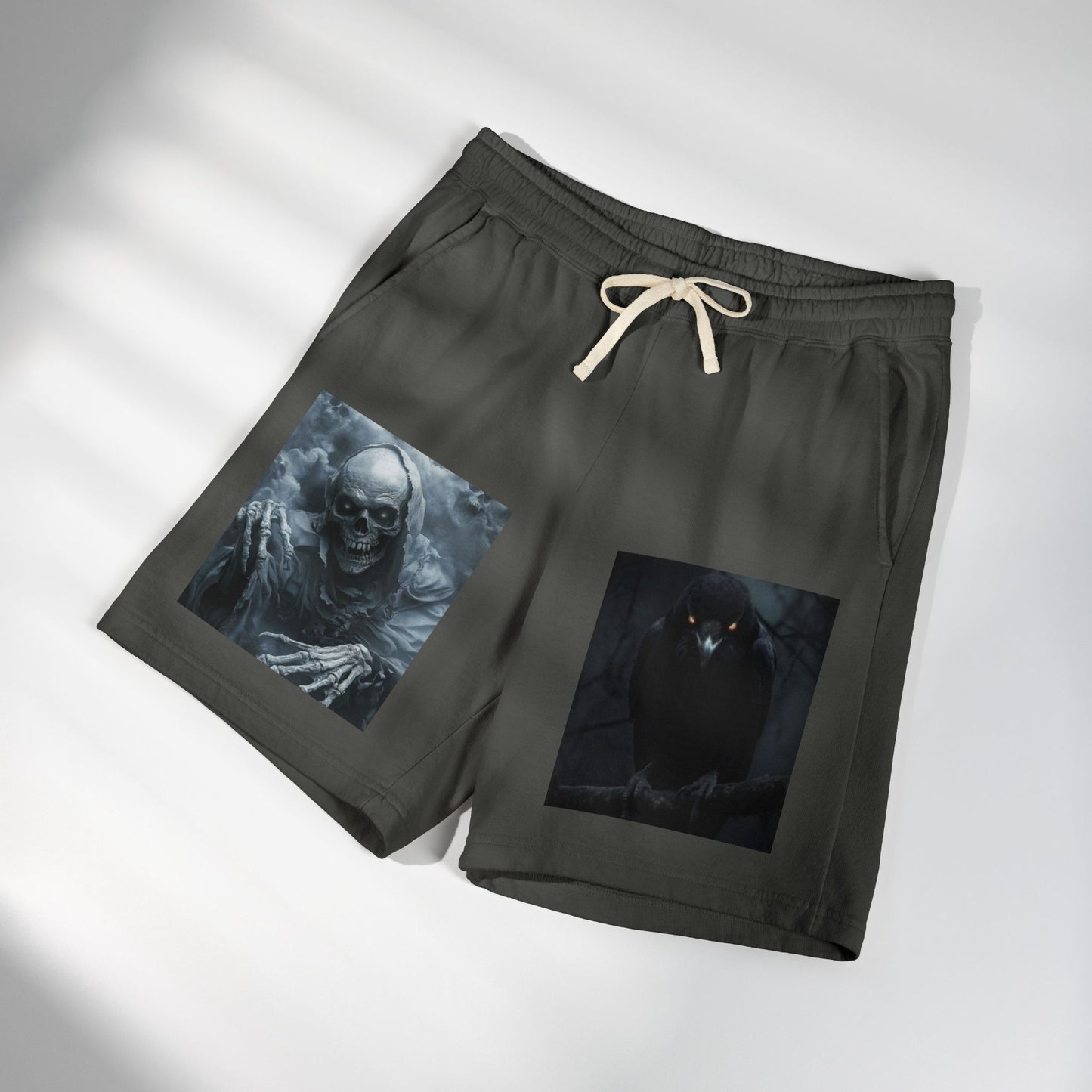 Skull & Raven Fleece Sweat Shorts — Gothic Horror Graphic Lounge Shorts