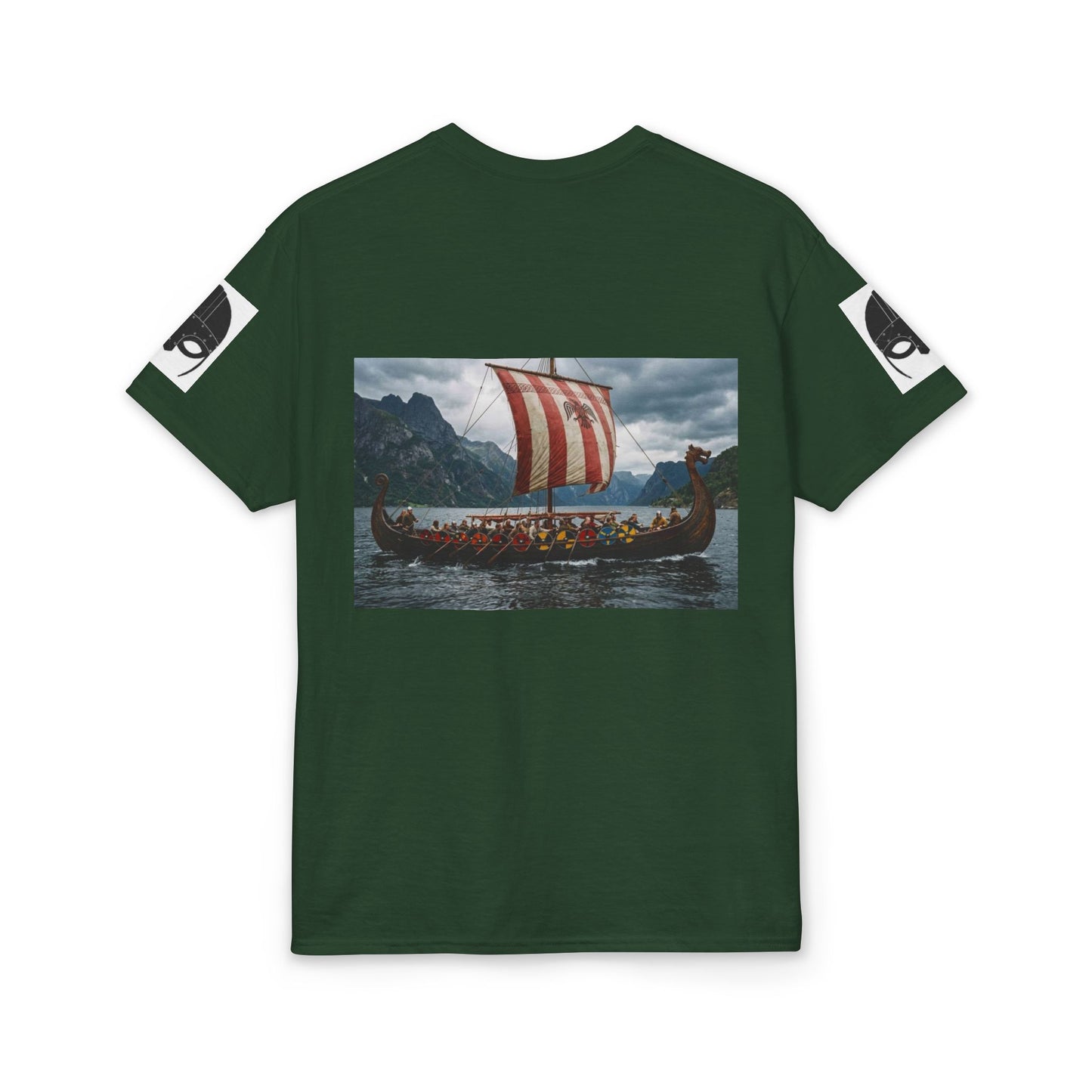 Viking Longship Graphic T-Shirt — Red Striped Sail Nautical Norse Design