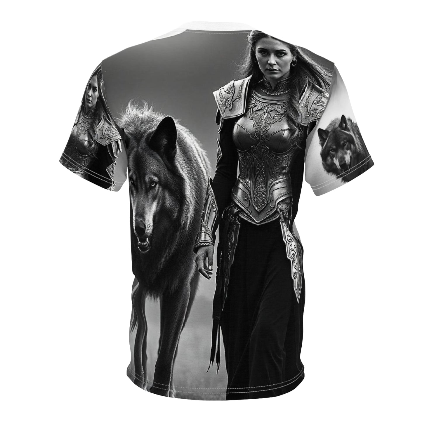 Viking Wolf Guardian Tee — Black & White Norse Warrior All-Over Print