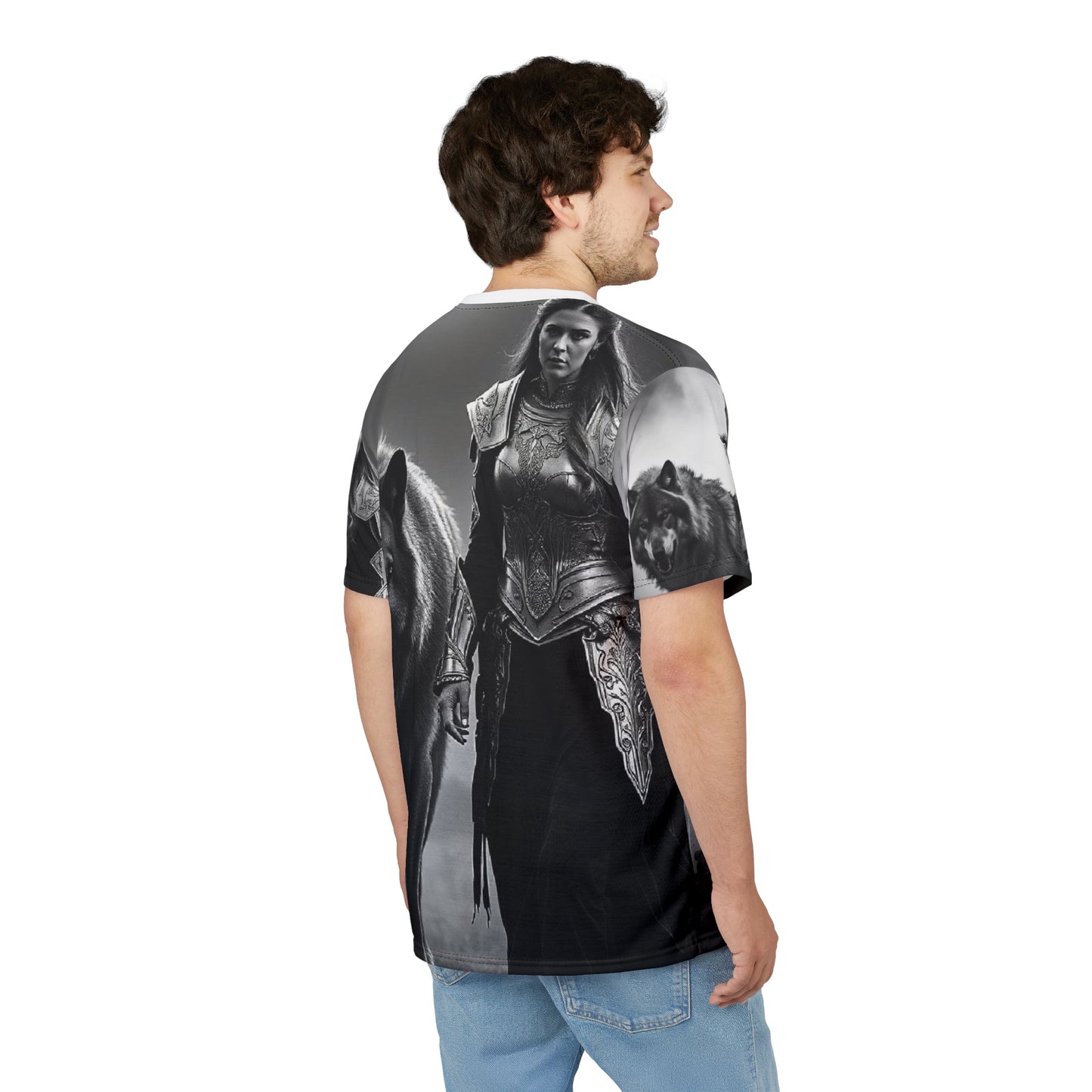 Viking Wolf Guardian Tee — Black & White Norse Warrior All-Over Print