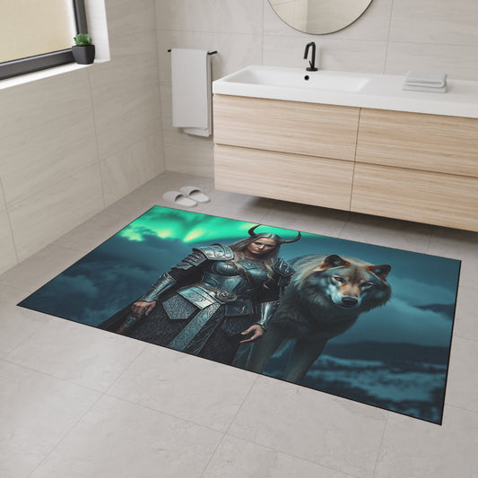 Viking Shieldmaiden & Wolf Heavy-Duty Floor Mat – Norse Warrior Entry Rug