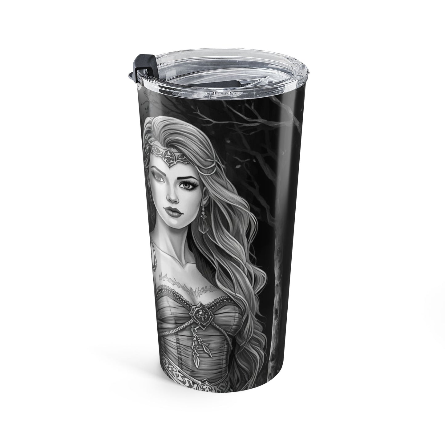 20oz Wolf & Woman Tumbler — Gothic Forest Travel Mug with Tattooed Warrior Design