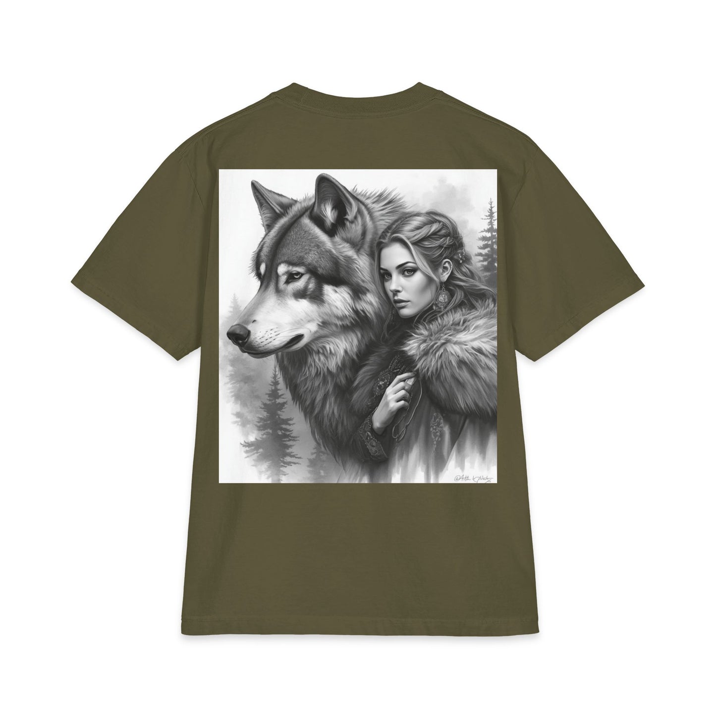 Wolf Guardian T‑Shirt — Woman & Wolf Forest Portrait Graphic Tee