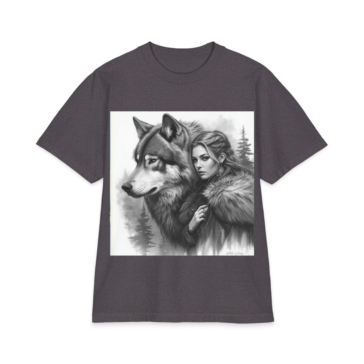 Wolf Guardian T‑Shirt — Woman & Wolf Forest Portrait Graphic Tee