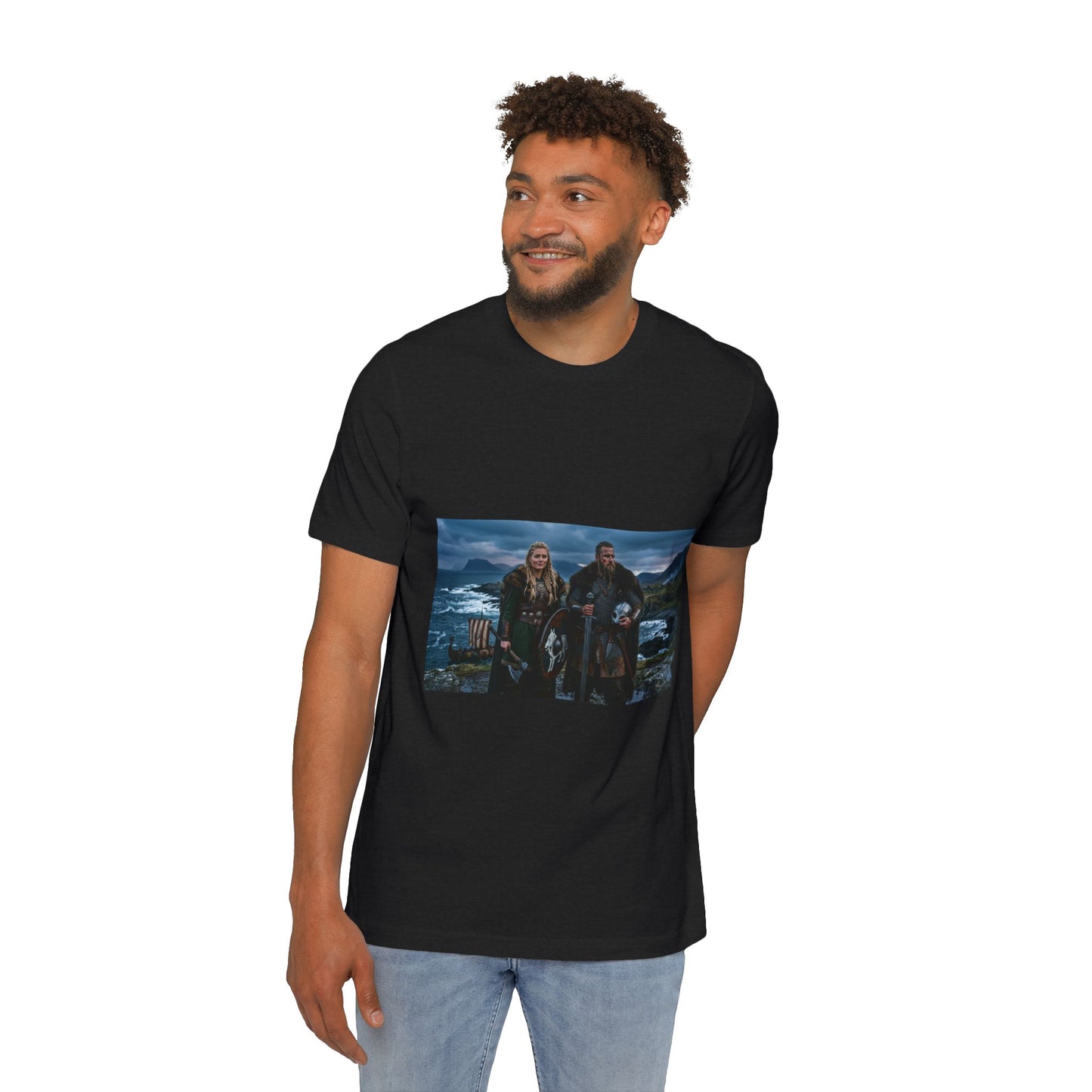 Viking Couple Scenic T-Shirt — Norse Shield & Axe Print