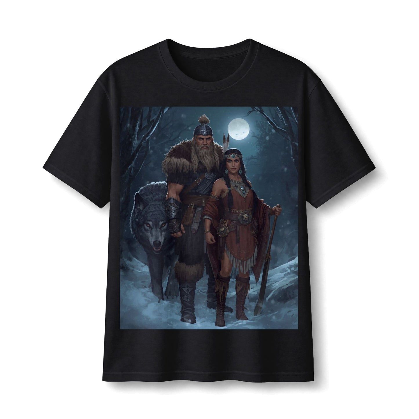 Viking Warrior Couple Tee — Norse Wolf Moon Fantasy T‑Shirt