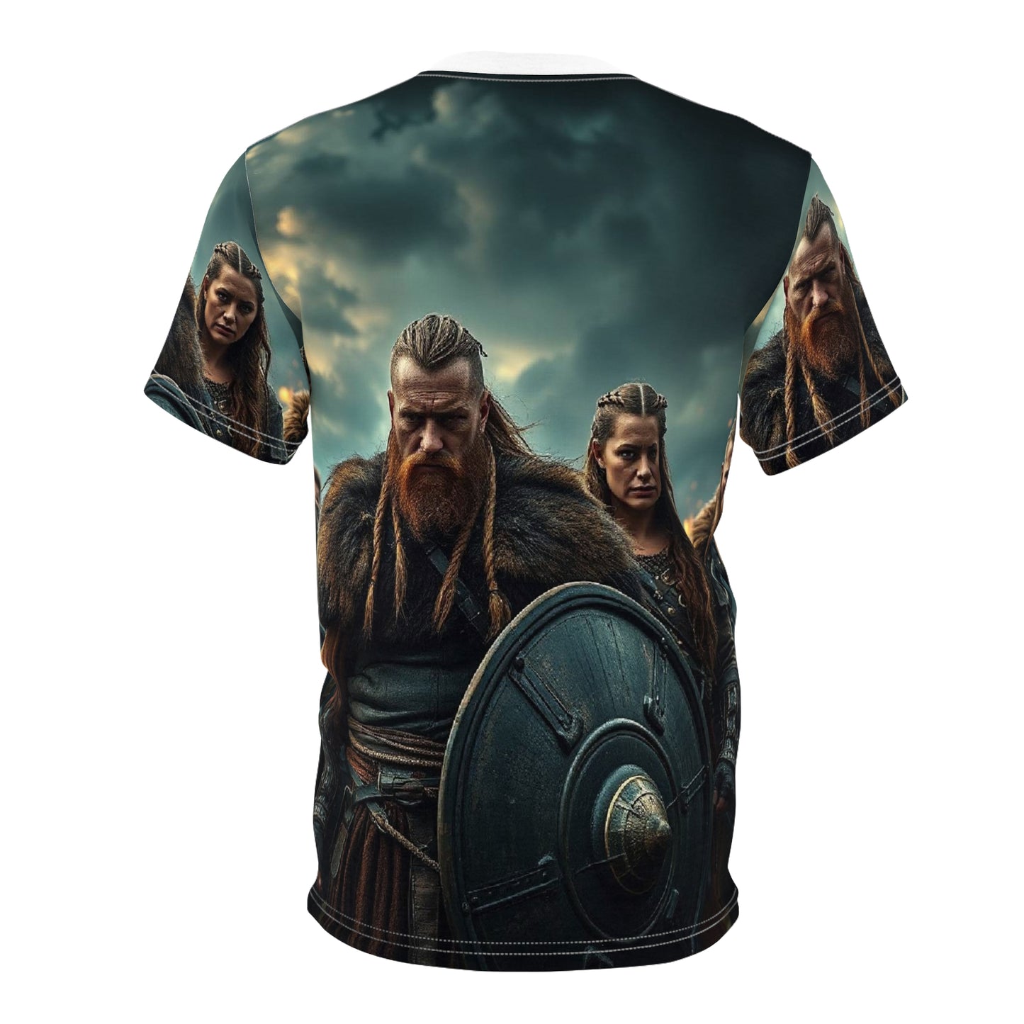 Viking Warriors All-Over Print Tee — Norse Shield & Storm Scene