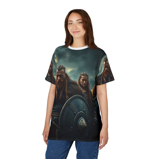 Viking Warriors All-Over Print Tee — Norse Shield & Storm Scene
