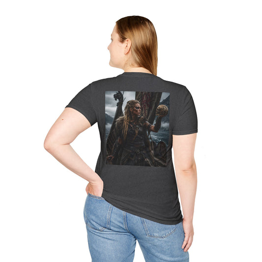 Viking Shieldmaiden Graphic T‑Shirt — Woman Holding Skull Norse Warrior Art