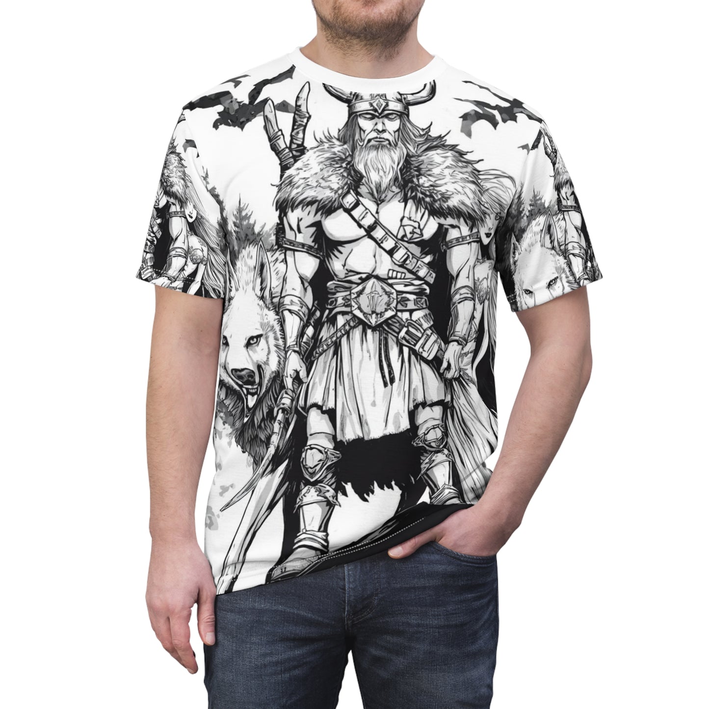 Viking Warrior All-Over Print Tee — Norse Wolf Valkyrie Graphic Shirt