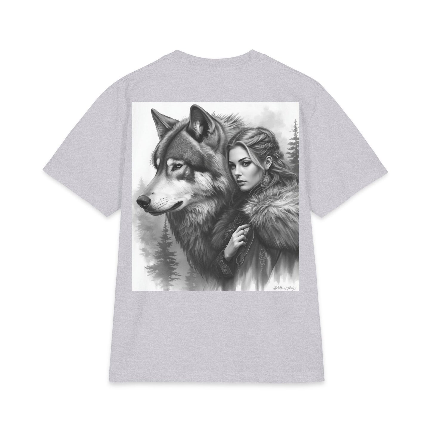 Wolf Guardian T‑Shirt — Woman & Wolf Forest Portrait Graphic Tee