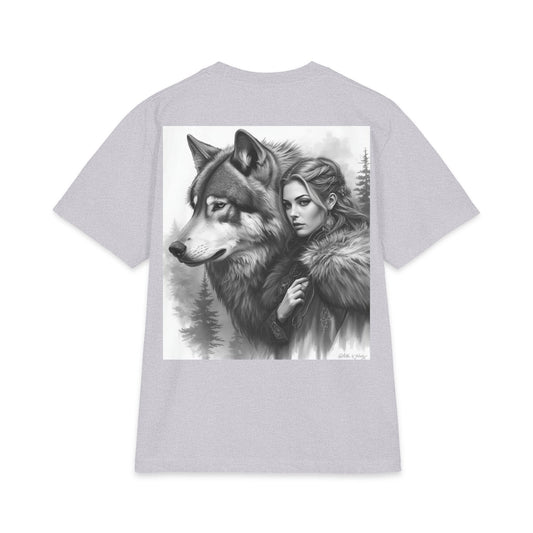 Wolf Guardian T‑Shirt — Woman & Wolf Forest Portrait Graphic Tee