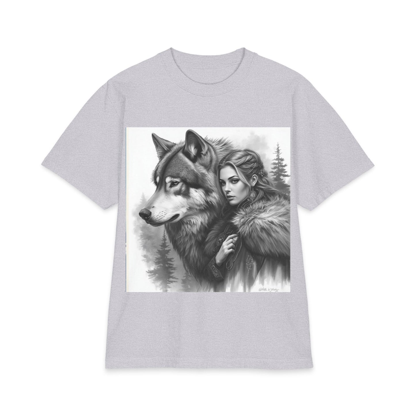 Wolf Guardian T‑Shirt — Woman & Wolf Forest Portrait Graphic Tee