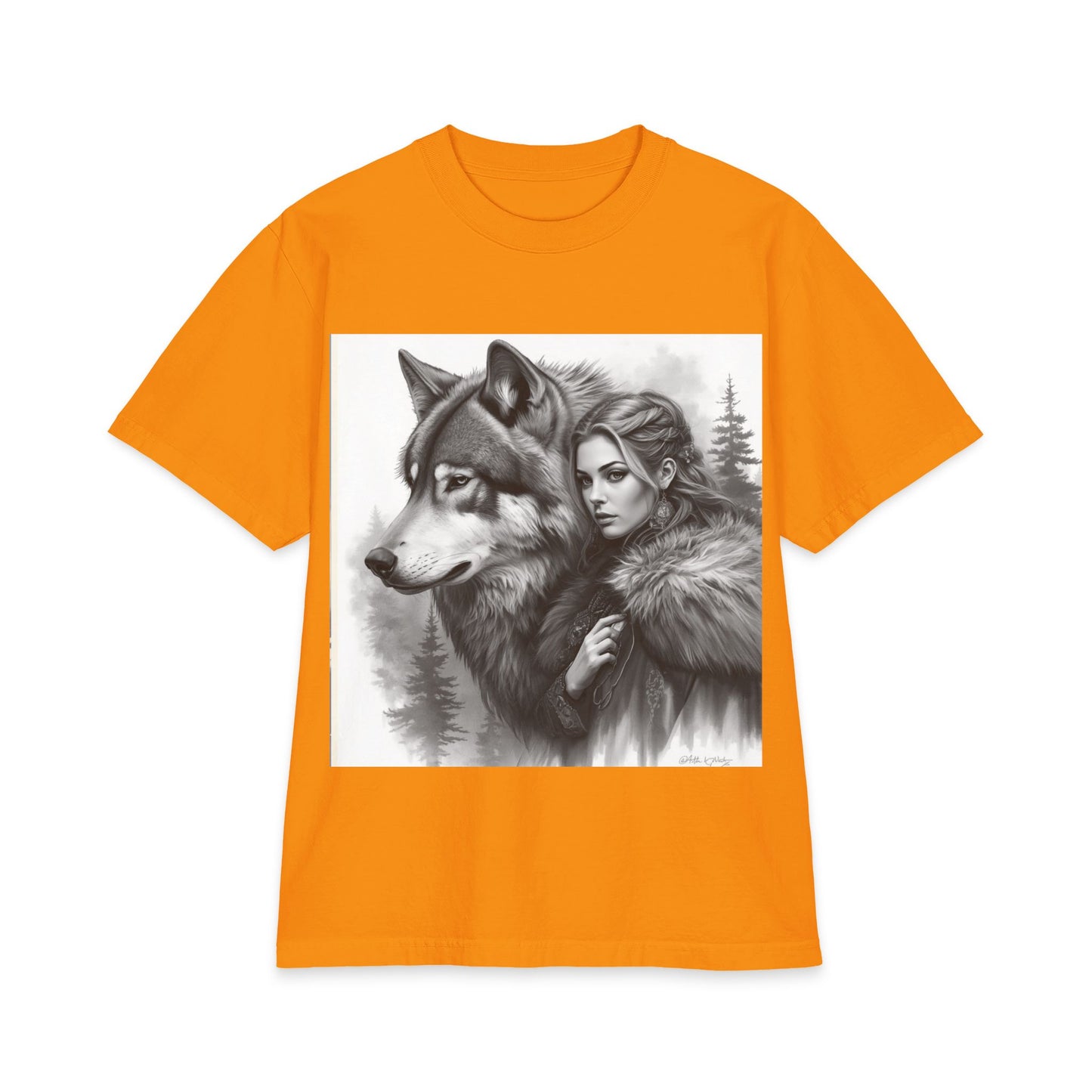 Wolf Guardian T‑Shirt — Woman & Wolf Forest Portrait Graphic Tee