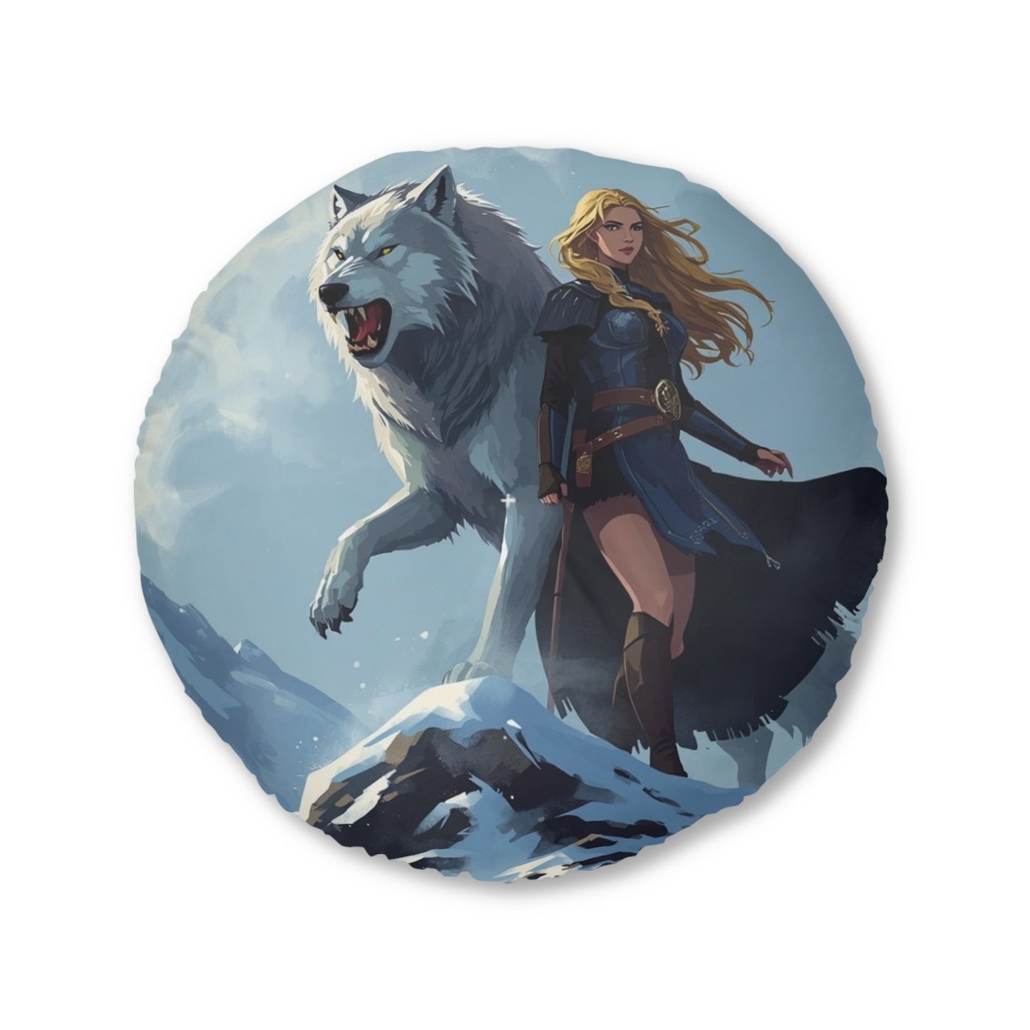 Viking Wolf Guardian Round Floor Pillow — Fantasy Norse Heroine & Wolf Artwork
