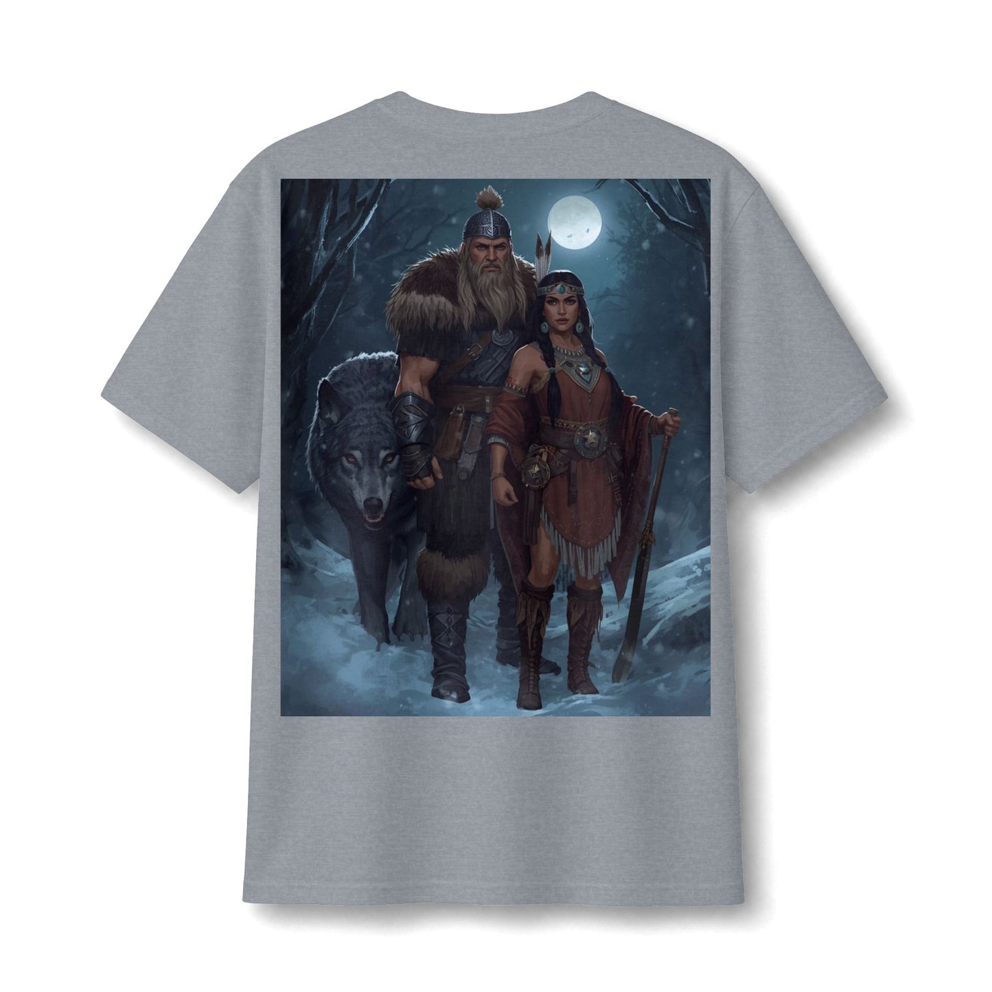 Viking Warrior Couple Tee — Norse Wolf Moon Fantasy T‑Shirt