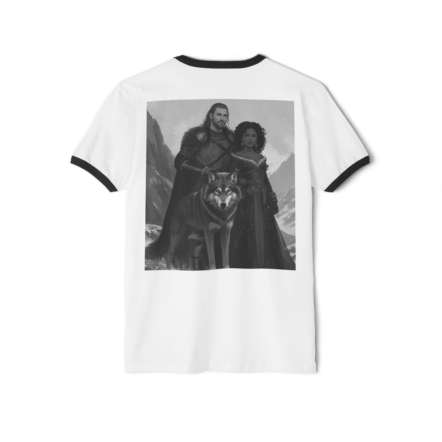 Medieval Fantasy Couple & Wolf Ringer T-Shirt — Adventure Vibe Tee