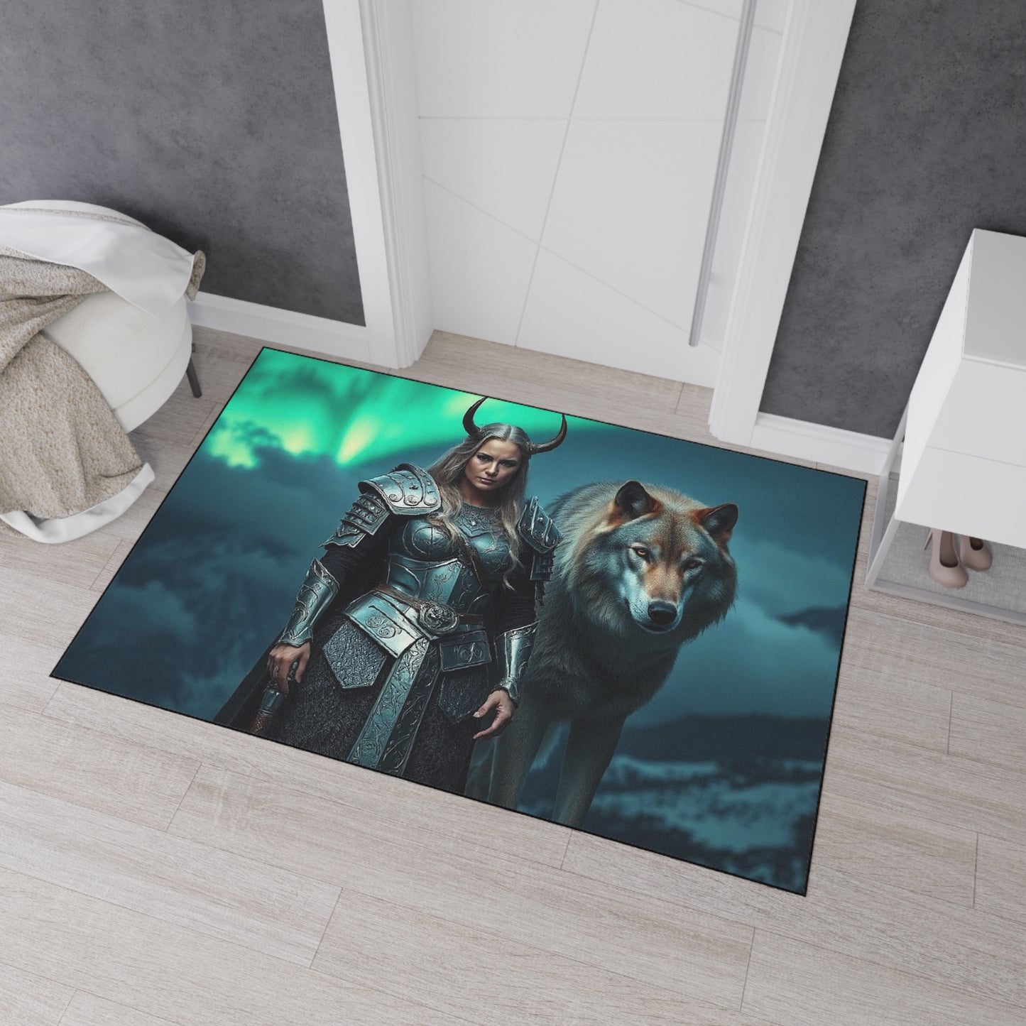 Viking Shieldmaiden & Wolf Heavy-Duty Floor Mat – Norse Warrior Entry Rug