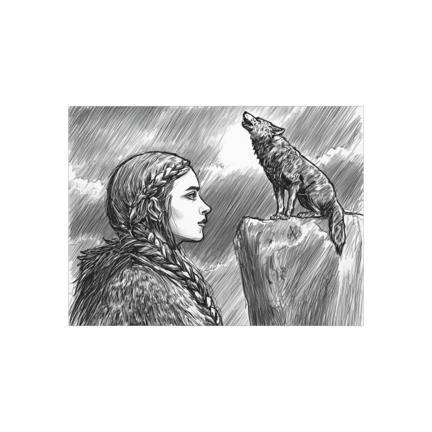 Foam Board - Viking Woman with Howling Wolf Illustration (Monochrome Nordic Wall Art)
