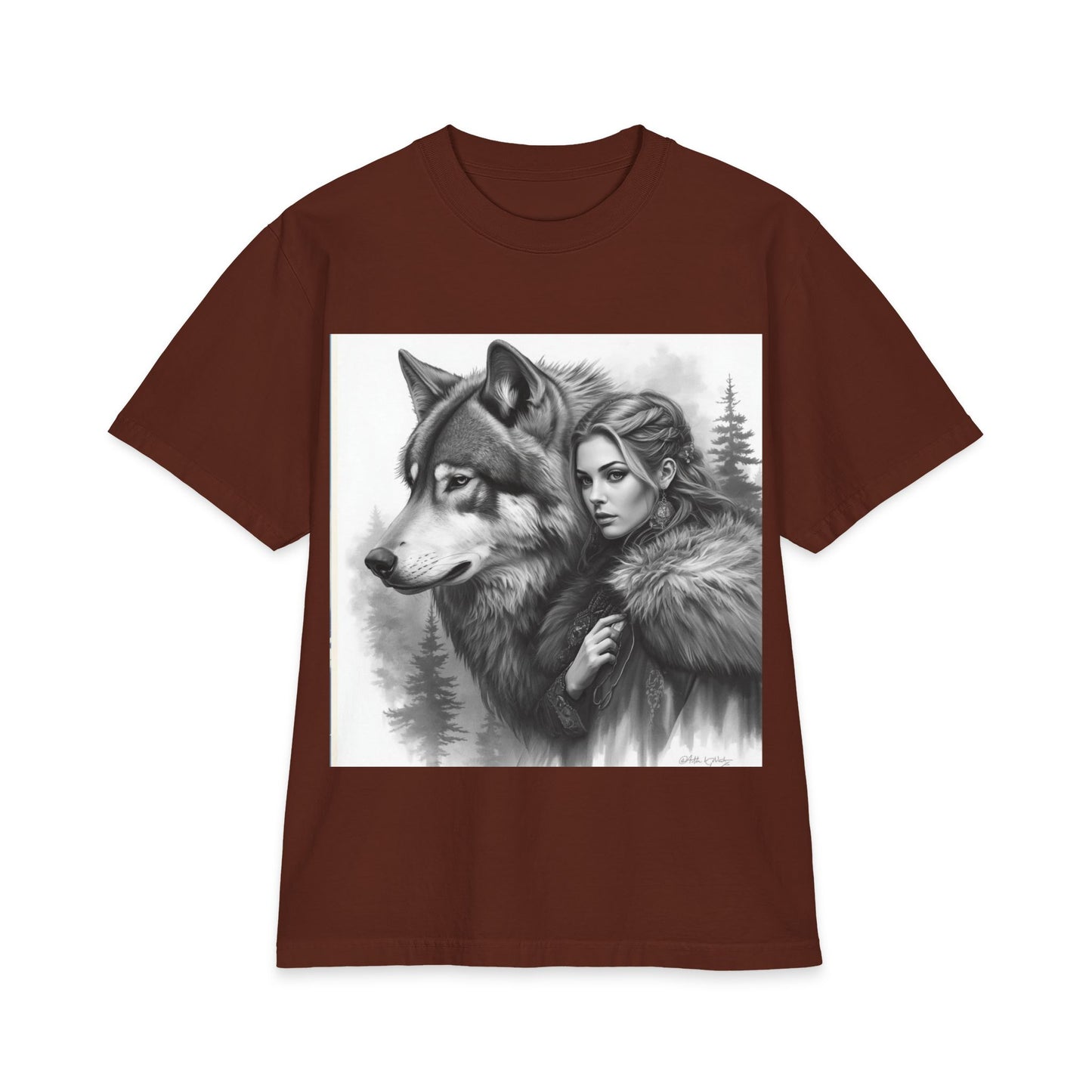 Wolf Guardian T‑Shirt — Woman & Wolf Forest Portrait Graphic Tee