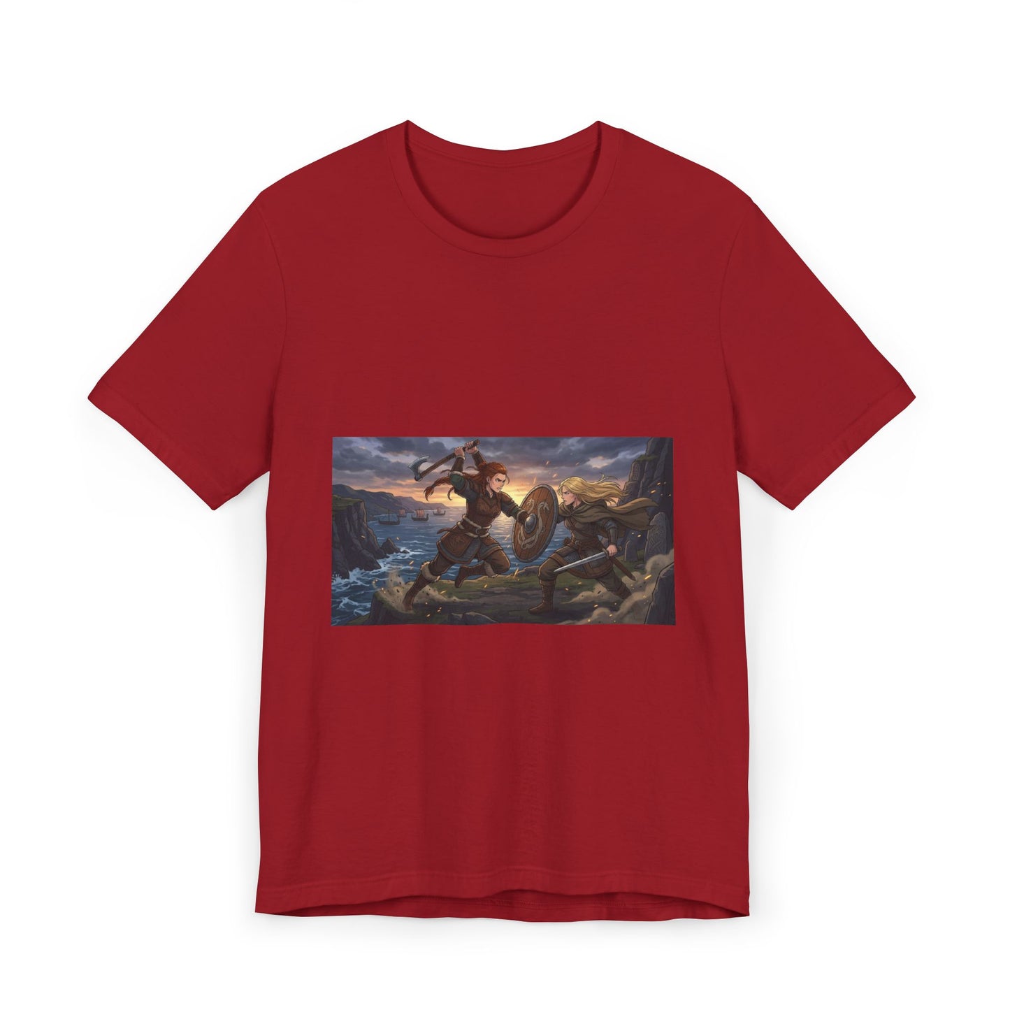 Viking Warrior Battle Scene T-Shirt — Norse Myth Shield & Axe Graphic Tee