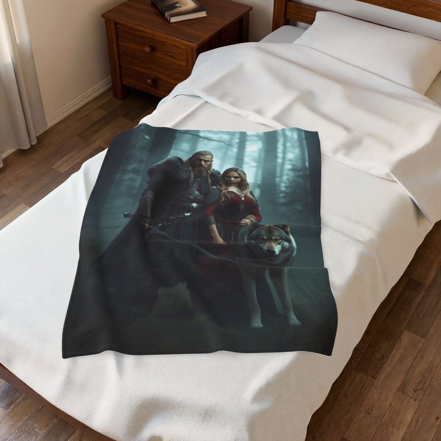 Viking Couple & Wolf Velveteen Plush Blanket — Fantasy Medieval Forest Throw for Fans