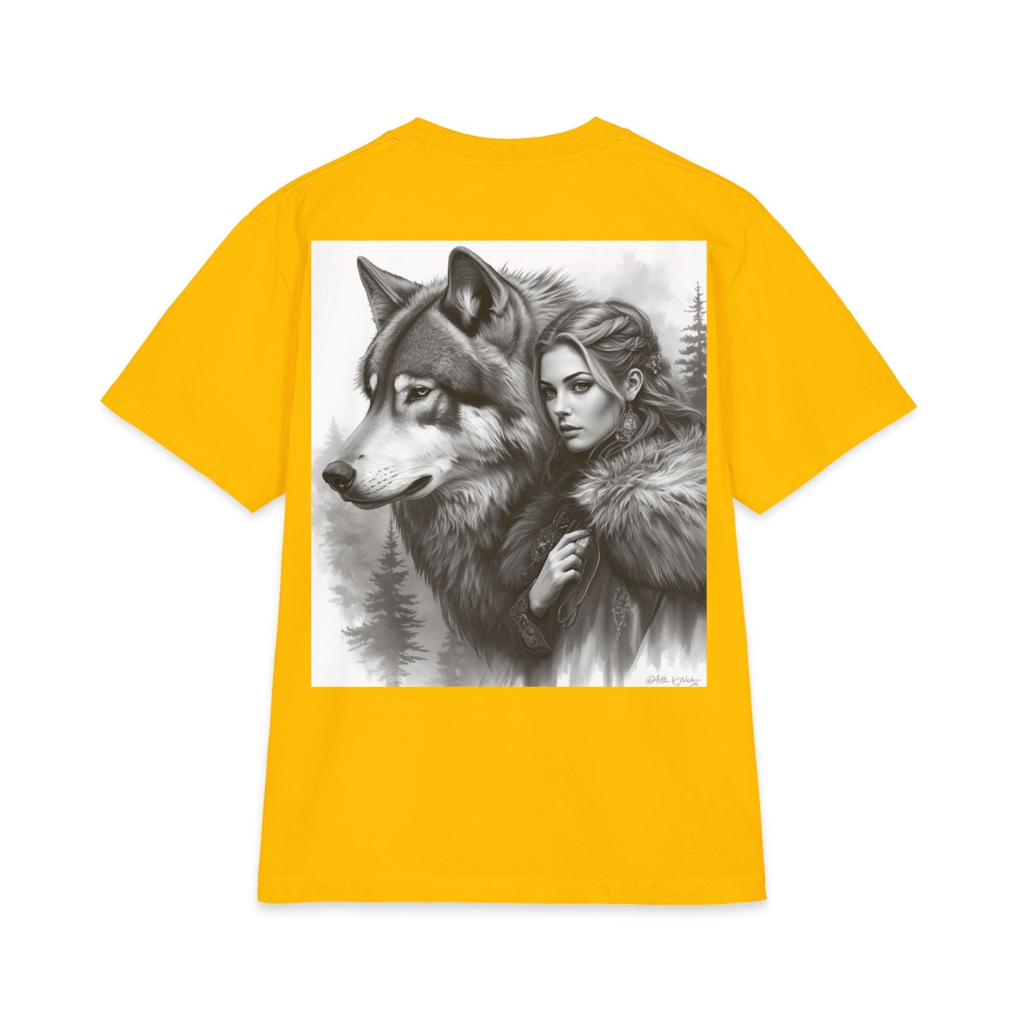 Wolf Guardian T‑Shirt — Woman & Wolf Forest Portrait Graphic Tee