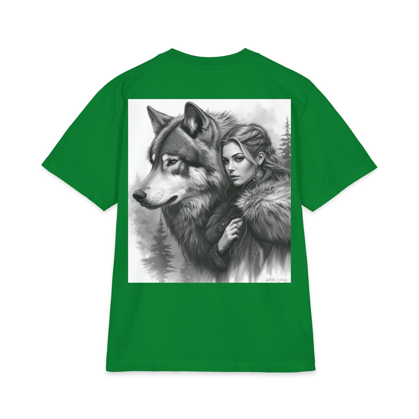 Wolf Guardian T‑Shirt — Woman & Wolf Forest Portrait Graphic Tee