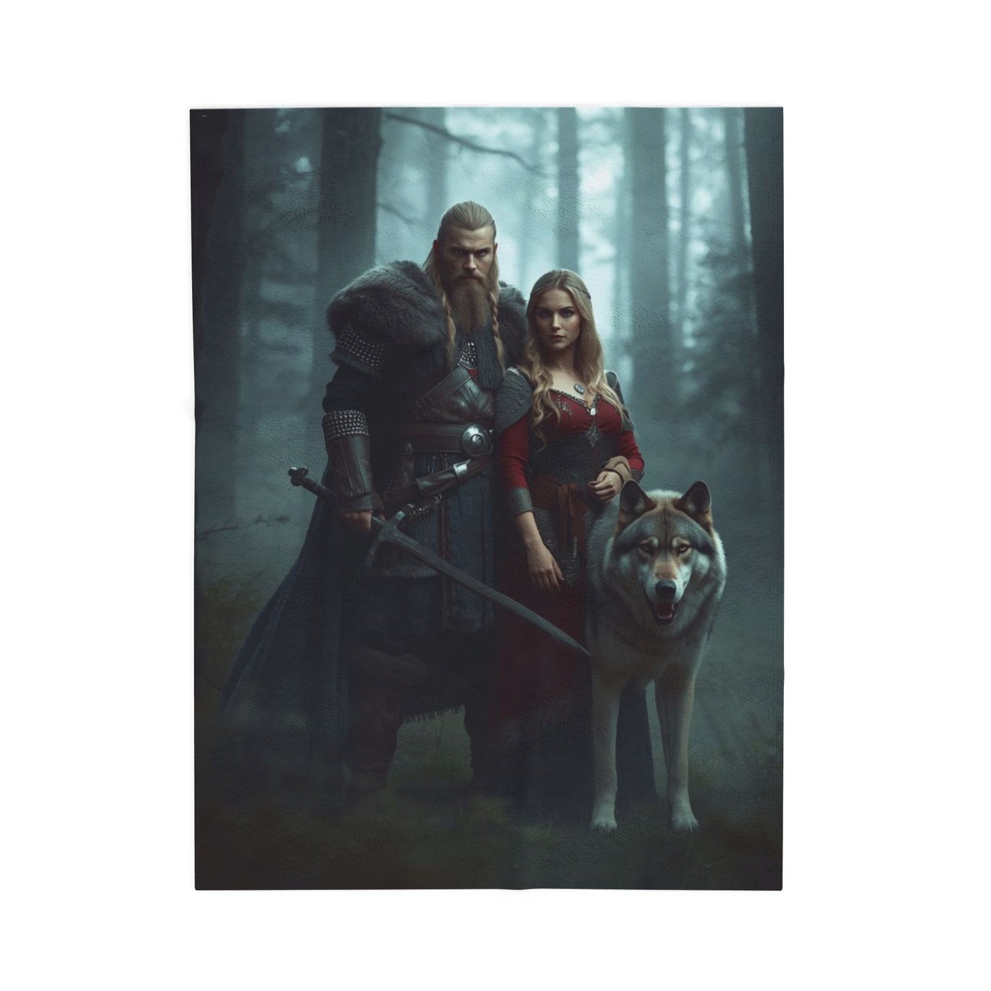 Viking Couple & Wolf Velveteen Plush Blanket — Fantasy Medieval Forest Throw for Fans