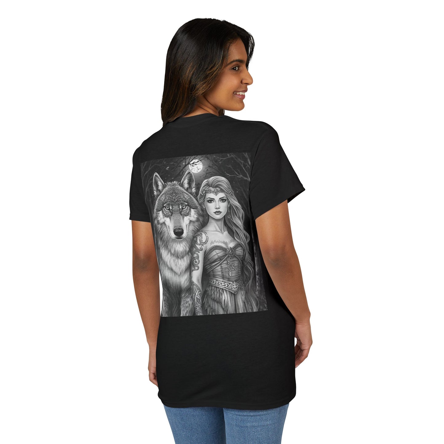 Wolf Guardian T‑Shirt — Mystic Woman & Wolf Moon Graphic Tee