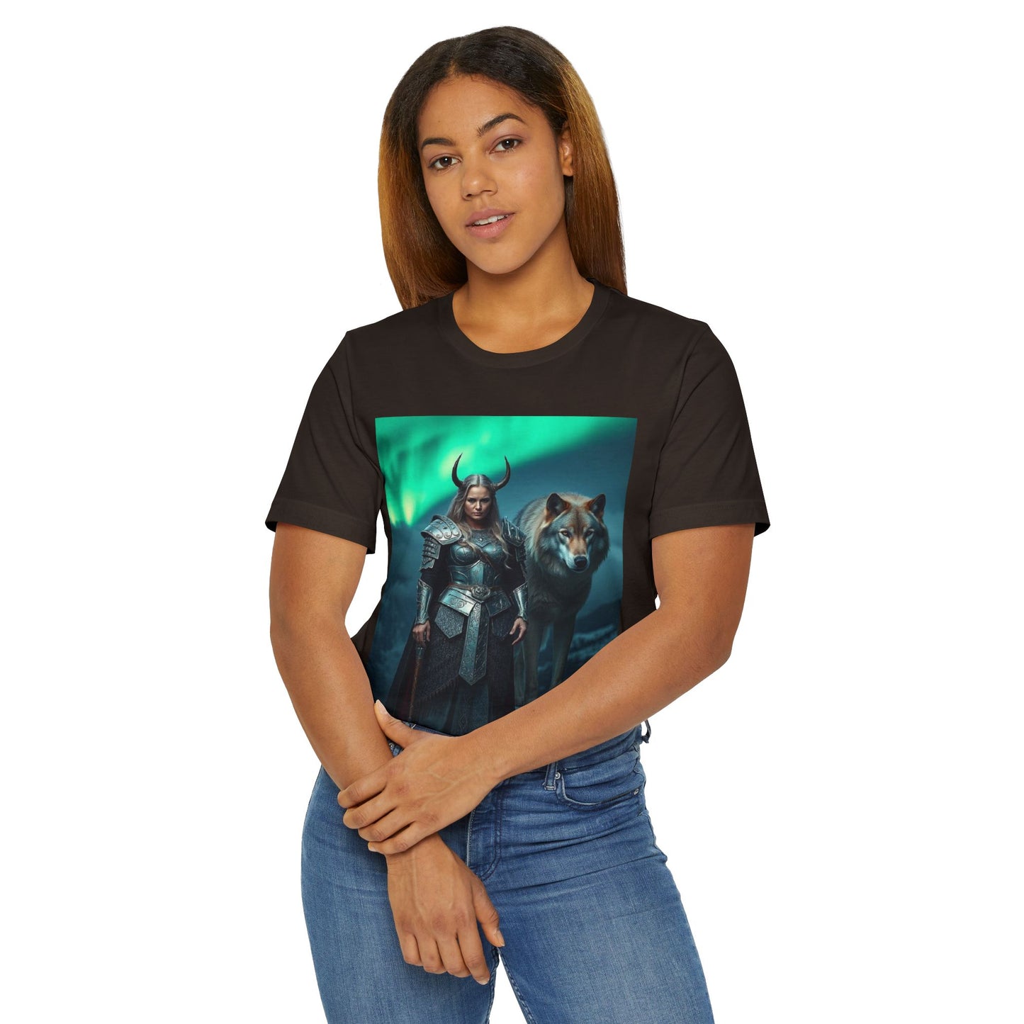 Viking Shieldmaiden & Wolf T-Shirt — Norse Fantasy Armor Tee